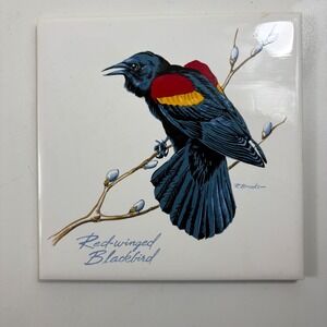 Vtg ScreenCraft Red Winged Blackbird Hand Decorated Ceramic Tile Portugal‎